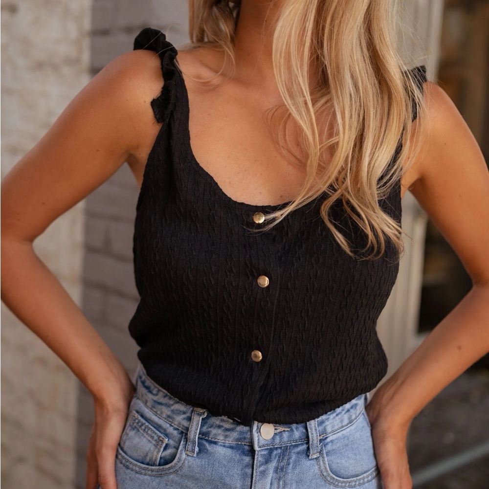 Black Ruffle Shoulder Button Front Camisole